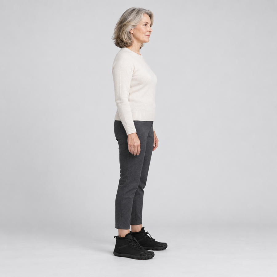 A woman standing in the BareYeti boots, side view showing her hips, knees, ankles and the ball of her foot