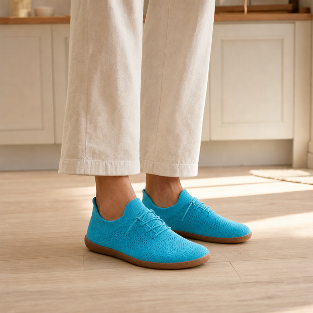 Day one, wearing Stride indoors on a wooden kitchen floor
