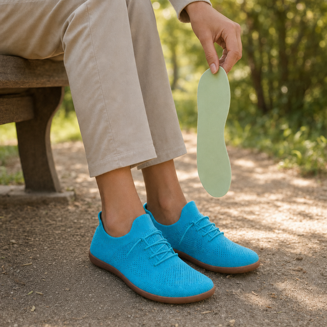 Lifting the soft insole out of Stride while sitting on a park bench