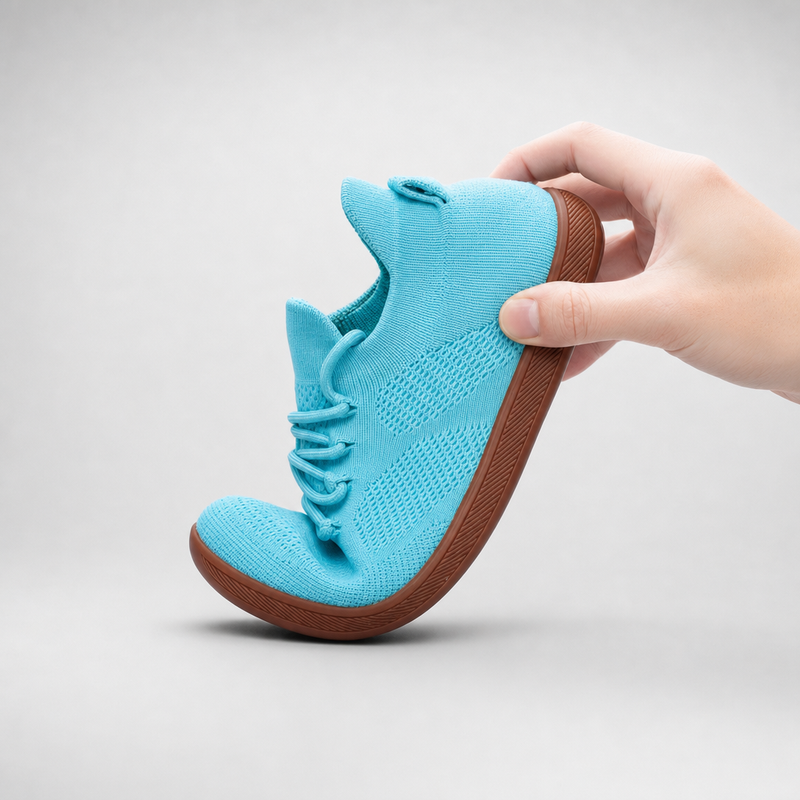 A hand bending Stride to show how flexible its thin sole is